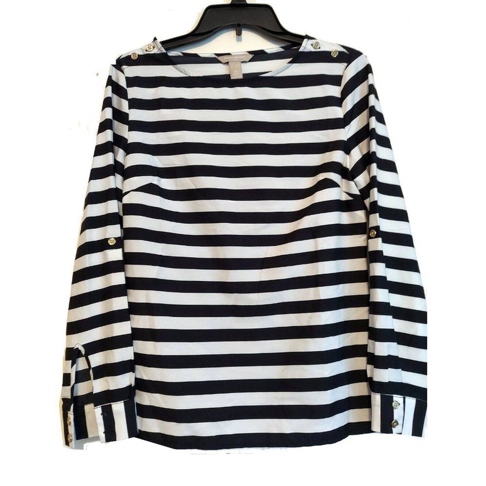 Banana Republic Womens XS Blouse Stripes Pullover Black White